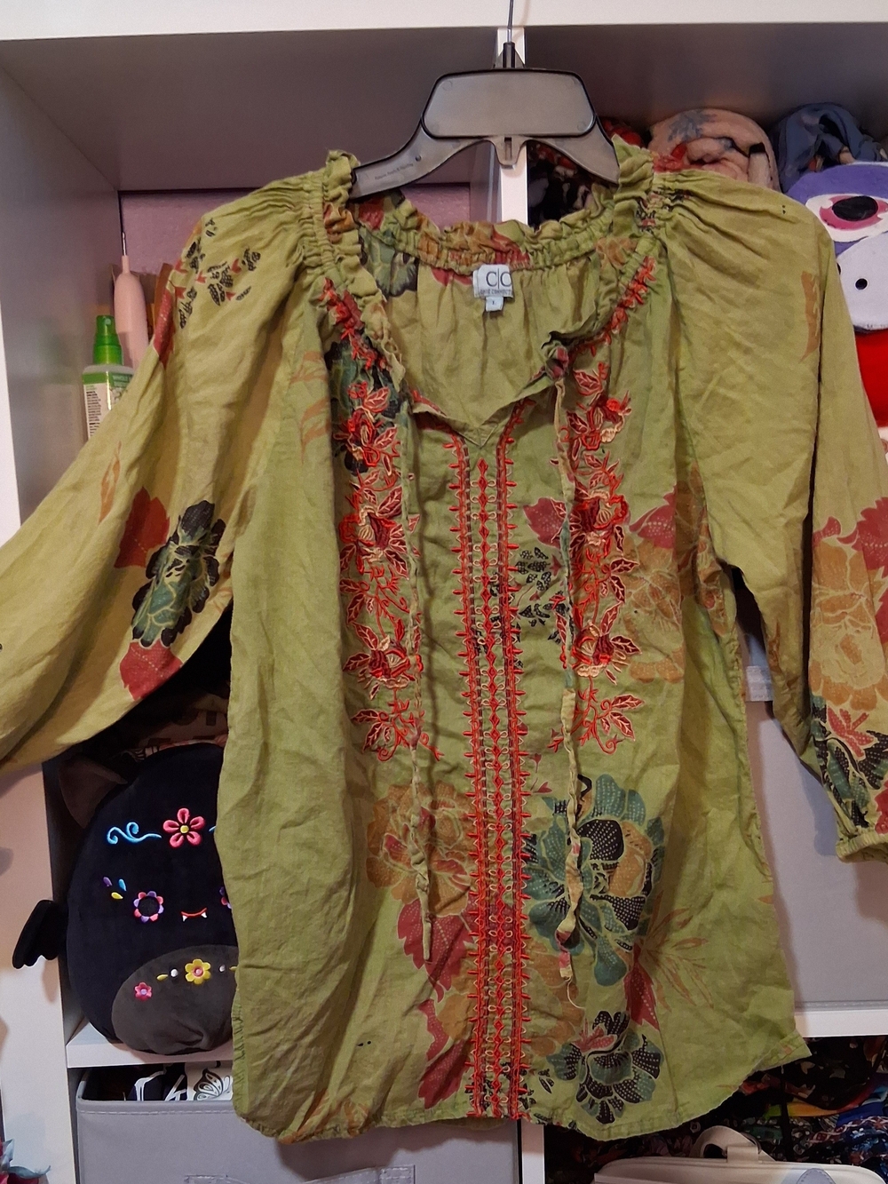 Green Embroidered Peasant Blouse